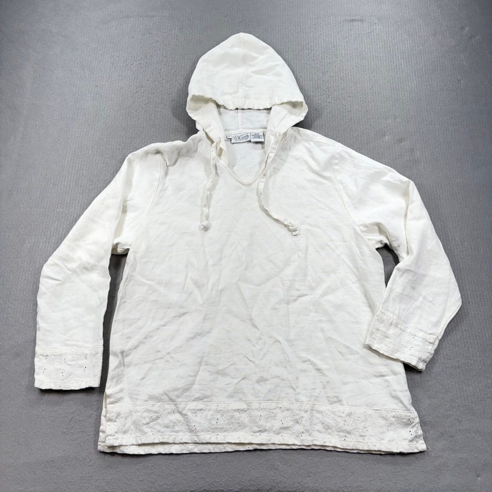 WilliSmith Collection Hooded Linen Top Womens Large White Eyelet Trim Pullover